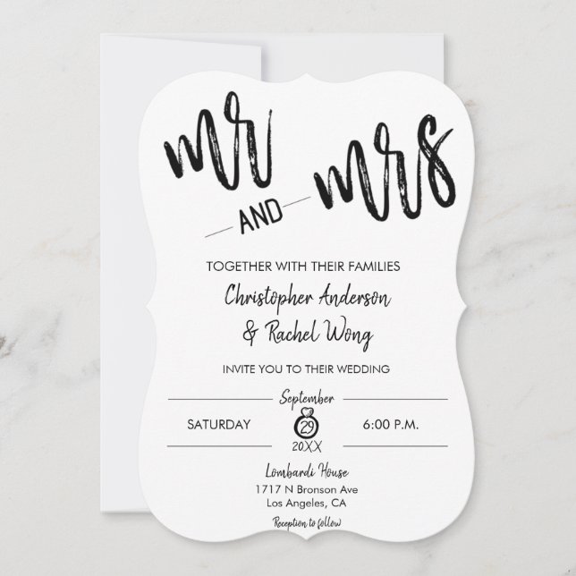 Minimalistisches Script Mr. und Mrs. Wedding Einladung (Vorderseite)