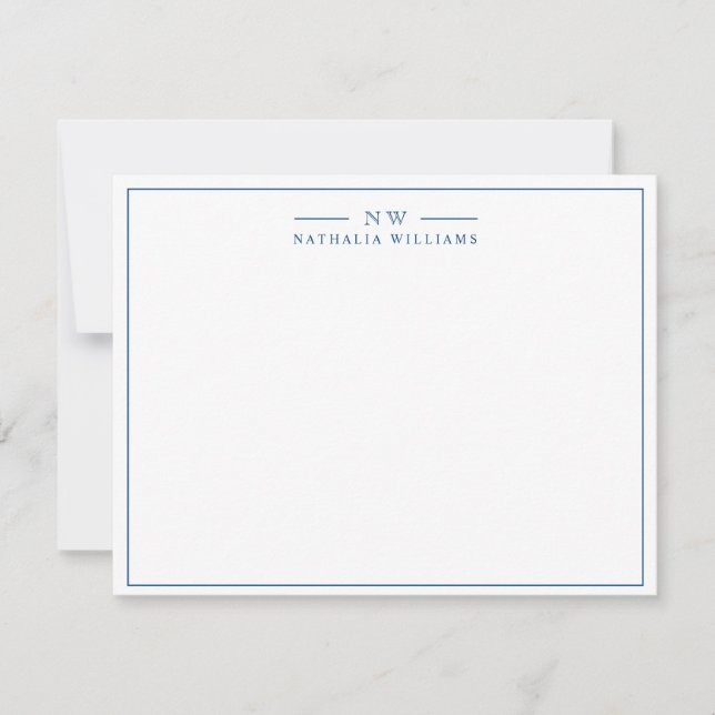 Minimalistisches Script Navy Blue Border Monogram Mitteilungskarte (Vorderseite)