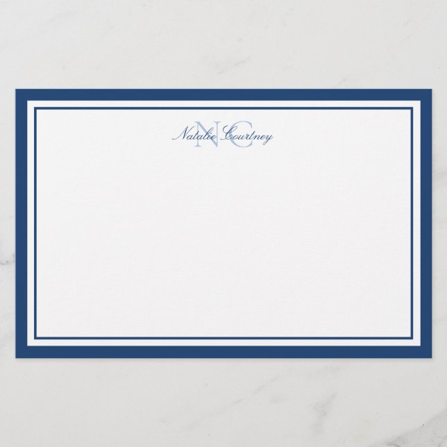 Minimalistisches Script Navy Blue Two Border Monog Briefpapier (Vorderseite)