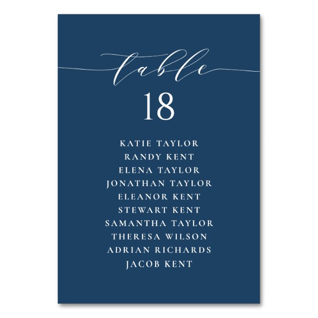Minimalistisches Script Navy Blue Wedding Plan Tischnummer (Vorderseite)
