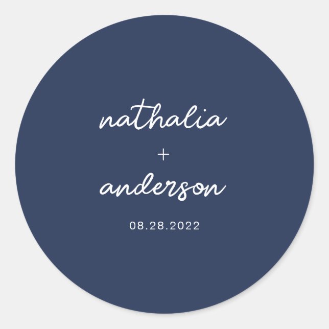 Minimalistisches Script Navy Blue Wedding Runder Aufkleber (Vorderseite)
