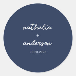 Minimalistisches Script Navy Blue Wedding Runder Aufkleber