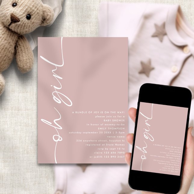Minimalistisches Script Oh Girl Dusty Rose Kinderd Einladung (Available digitally and printed)