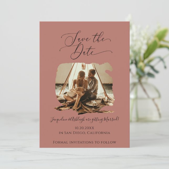 Minimalistisches Script Pinselstrich Stroke Terrac Save The Date (Stehend Vorderseite)