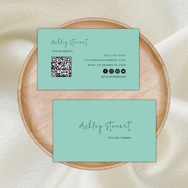 Minimalistisches Script Qr Code Beruflich Seafoam Visitenkarte (Von Creator hochgeladen)