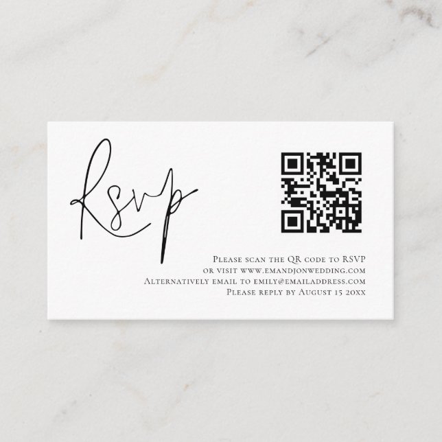 Minimalistisches Script QR Code Hochzeit RSVP Begleitkarte (Vorderseite)