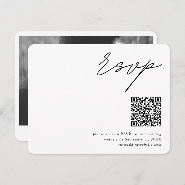 Minimalistisches Script QR Code Hochzeit RSVP Begleitkarte (Vorne/Hinten)