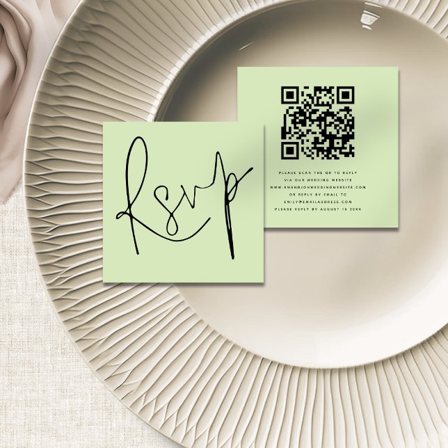 Minimalistisches Script QR Code Limon Cream Weddin Begleitkarte (Front and back view)