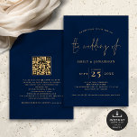 Minimalistisches Script QR Code Navy Blue Gold Hoc Einladung<br><div class="desc">Minimalistisches Script QR Code Navy Blue Gold Hochzeit. Verfügbar in digitaler Form und gedruckt. Klassische Eleganz in dunkelblau und gold mit diesem Text-Design. Die Hochzeit Of ist in einem stilvollen Set-Skript, und die Erholung der Wörter, die Sie leicht personalisieren können. Auf der Rückseite, fügen Sie einen QR-Code zu Ihrer Hochzeitswebsite,...</div>