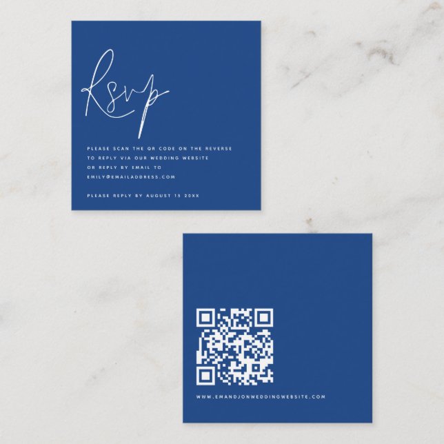 Minimalistisches Script QR Code Wedding Blue UAWG Begleitkarte (Vorne/Hinten)