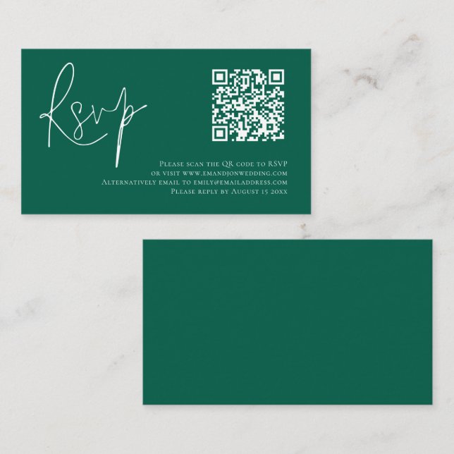 Minimalistisches Script QR Code Wedding Emerald UA Begleitkarte (Vorne/Hinten)