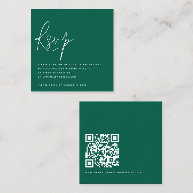 Minimalistisches Script QR Code Wedding Emerald UA Begleitkarte (Vorne/Hinten)