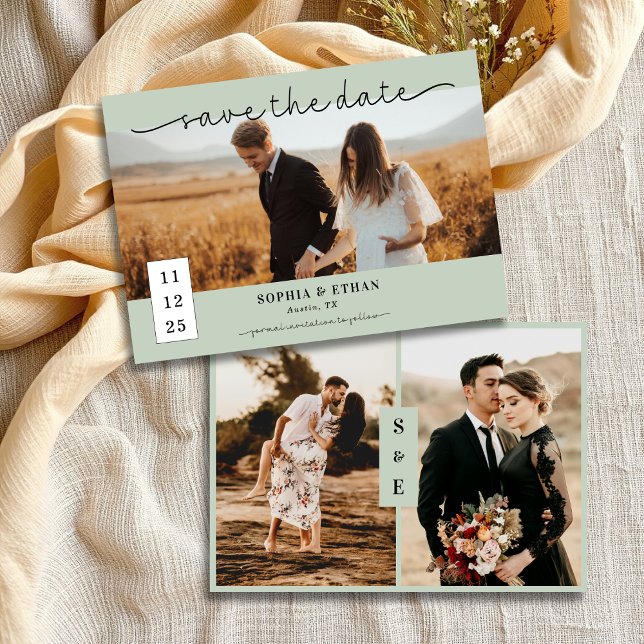 Minimalistisches Script Sage Green Foto Hochzeit Save The Date (Von Creator hochgeladen)