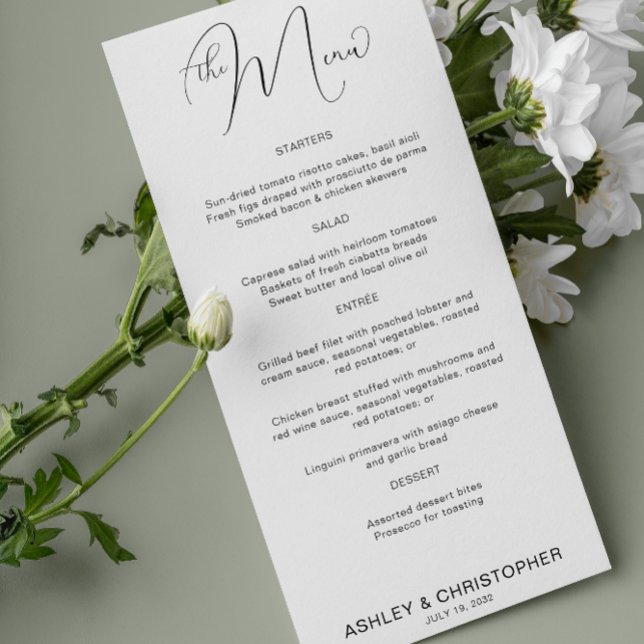 Minimalistisches Script Schwarz & Weiß Hochzeitsem Menükarte (Von Creator hochgeladen)