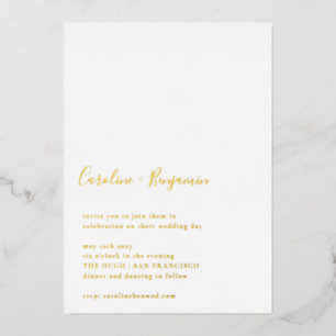 Minimalistisches Script White Modern Wedding Gold Folieneinladung
