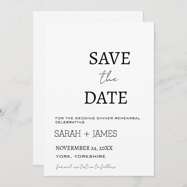 Minimalistisches Script White Wedding Dinner Probe Save The Date (Vorne/Hinten)