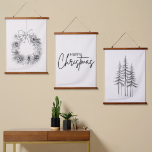 Minimalistisches Set von 3 Weihnachtsdrucken Wandteppich Mit Holzrahmen
