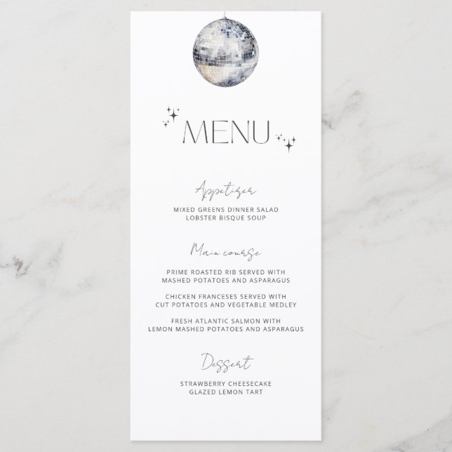 Minimalistisches "Silver Disco Ball Wedding Menu" Menükarte (Vorderseite)