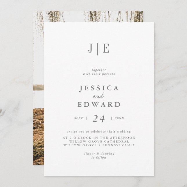 Minimalistisches Silver Script Foto Monogram Weddi Einladung (Vorne/Hinten)