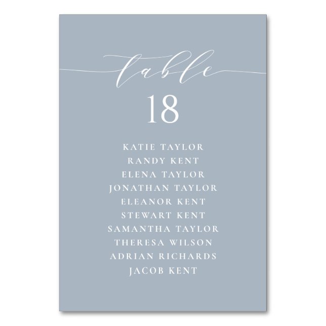 Minimalistisches Skript Dusty Blue Wedding Plan Tischnummer (Vorderseite)