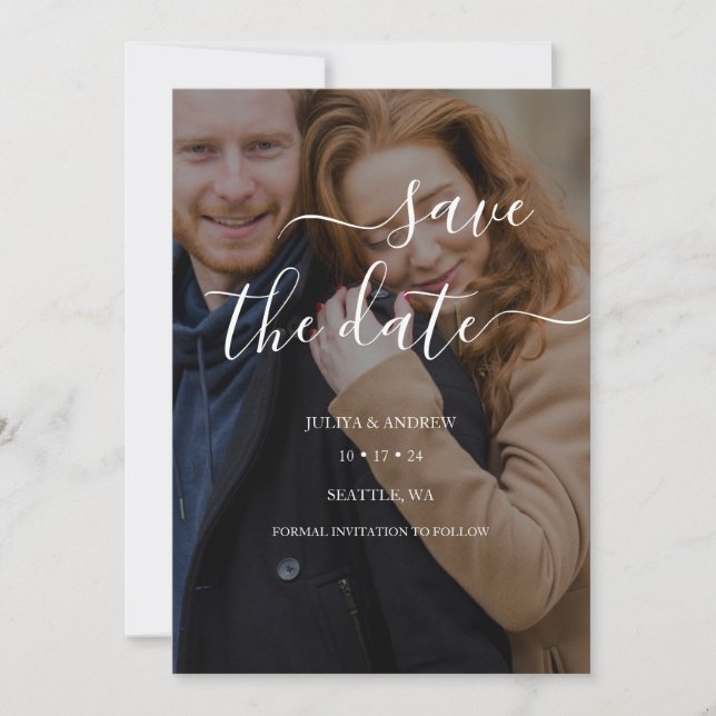 Minimalistisches Skript Foto Hochzeit speichern Si Save The Date (Vorderseite)