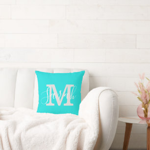 Minimalistisches Skript-Monogramm-Name-Hell-Türkis Kissen