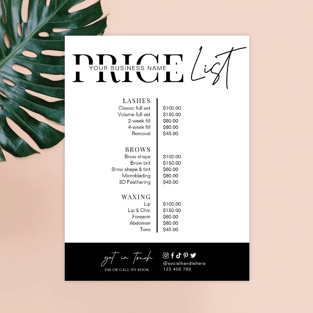 Minimalistisches Skript Schwarz-weiß Salon Preisli (Minimalist business price list)