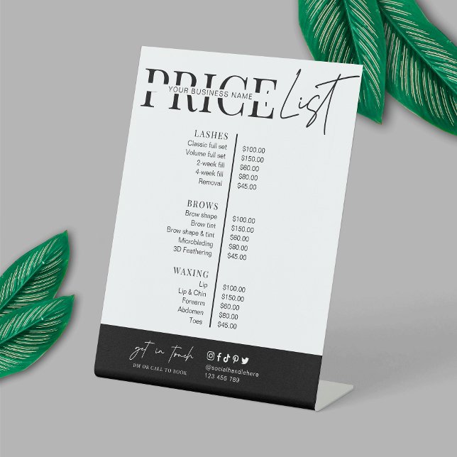Minimalistisches Skript Schwarz-weiß Salon Preisli Sockelschild (Simple, yet elegant, business price list pedestal sign design in minimalist black and white style)