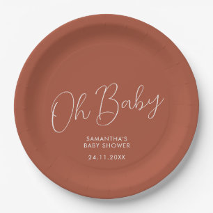 Minimalistisches Skript Terrakotta Oh Baby Shower Pappteller