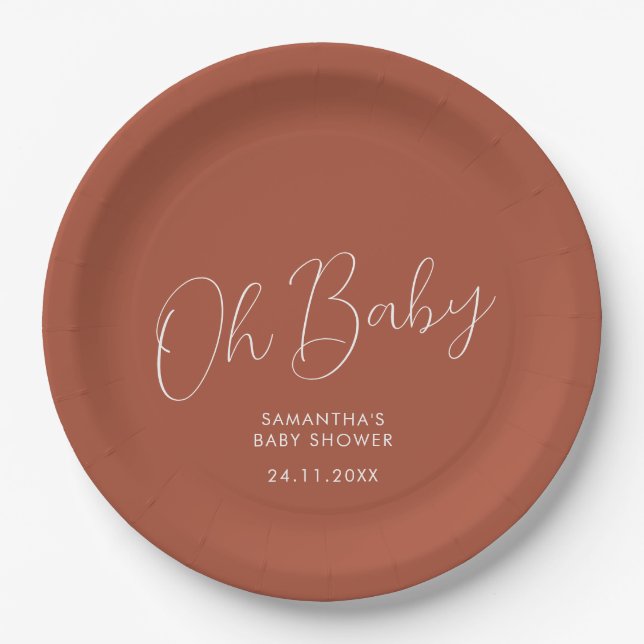 Minimalistisches Skript Terrakotta Oh Baby Shower  Pappteller (Vorderseite)
