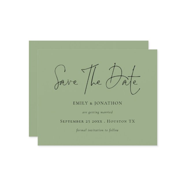 Minimalistisches Skriptfeld Save the Date grün (Vorderseite/Rückseite Beispiel)