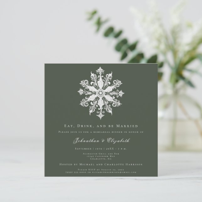 Minimalistisches Snowflake Probe Dinner | Green Einladung (Stehend Vorderseite)