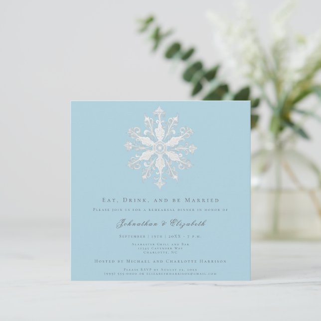 Minimalistisches Snowflake Probe Dinner | Ice Blue Einladung (Stehend Vorderseite)