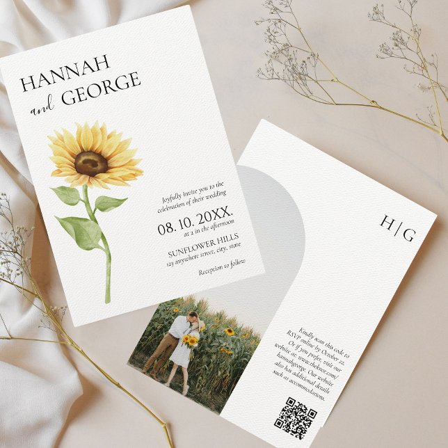 Minimalistisches Sonnenblumen Foto Arch QR-Code Ho Einladung (Sunflower wedding invitation photo qr code arch)