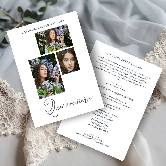 Minimalistisches Spanisches 3-Foto-Collage (Minimalist Quinceañera Spanish 3 Photos Collage Invitation.)