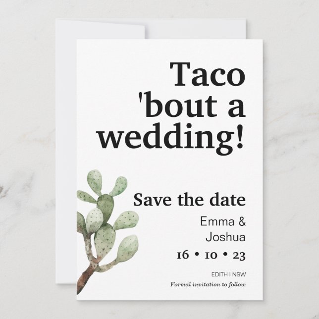 Minimalistisches Taco-Bout einer Hochzeit speicher Einladung (Vorderseite)