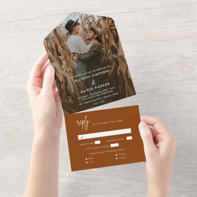 Minimalistisches Terracotta Foto Einzigartige Hoch All In One Einladung (Abreißen)