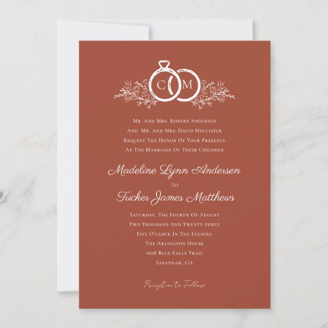 Minimalistisches Terracotta Wedding Rings Monogram Einladung (Vorderseite)