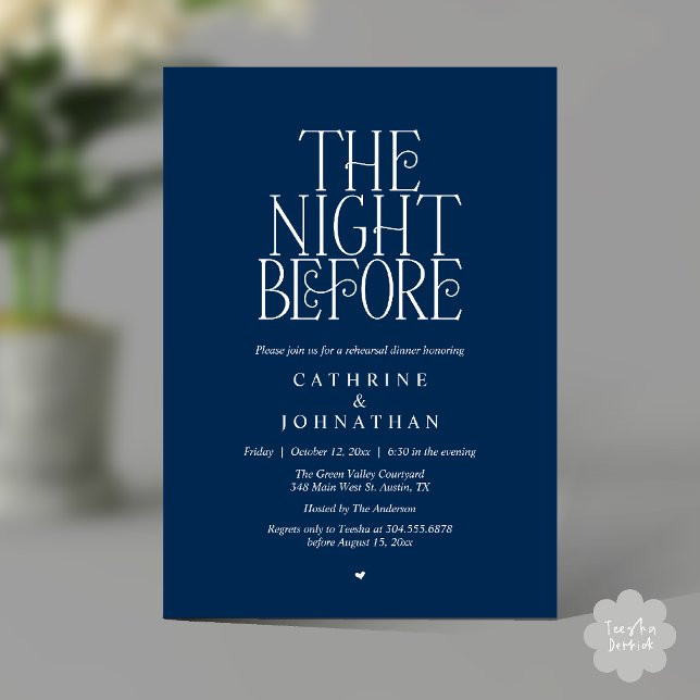 Minimalistisches "The Night Before"-Probedinner Einladung (Minimalist "The Night Before" Rehearsal Dinner Invitation Card in Navy Blue)