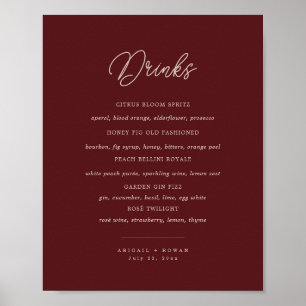 Minimalistisches tiefes Wein-Hochzeitsbar-Menü-Sch Poster