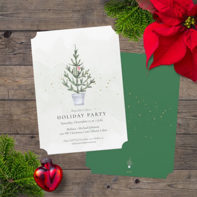 Minimalistisches Trimmen der Tree Holiday Party Wa Einladung (Cute Minimalist Trim the Tree Holiday Christmas Party Invitation with Watercolor Design Accents)