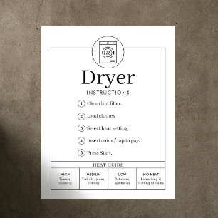 Minimalistisches Trockner Bedienungs Schild Poster