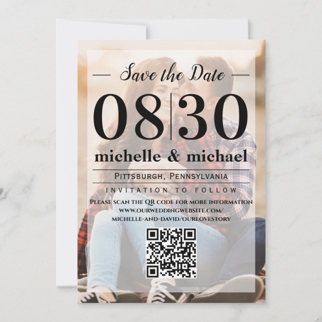Minimalistisches Vellum Einfaches Foto | QR-Code-W Save The Date (Rückseite)