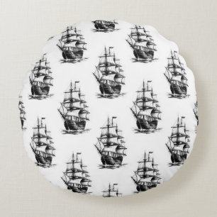 Minimalistisches Vintages Segelschiffmuster Rundes Kissen