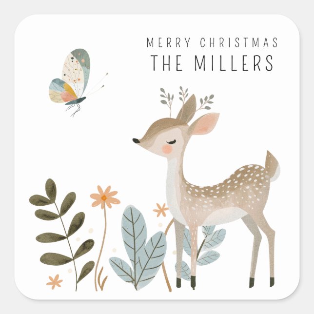 Minimalistisches Wasserfarben-Hirsch und Schmetter Quadratischer Aufkleber (Vorderseite)