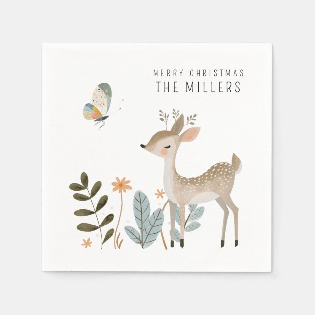 Minimalistisches Wasserfarben-Hirsch und Schmetter Serviette (Vorderseite)