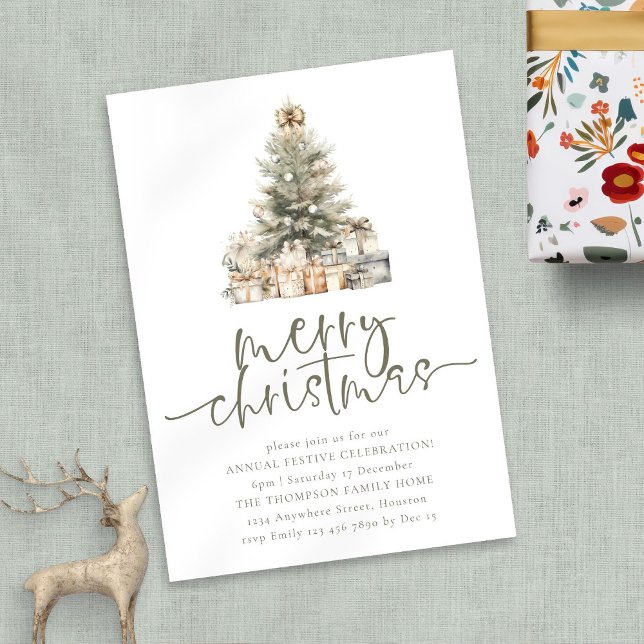 Minimalistisches Weihnachtsbaum Sage Script-Party Einladung (invitation)