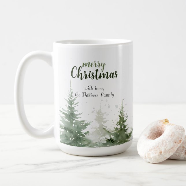 Minimalistisches Weihnachtsgebirge Evergreen Snow Kaffeetasse (Mit Donut)
