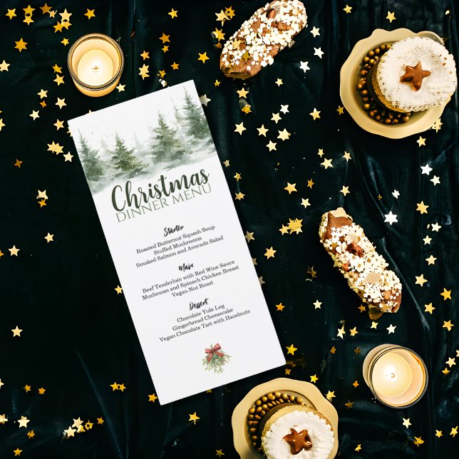 Minimalistisches Weihnachtsgebirge Evergreen Snow Menükarte (Von Creator hochgeladen)