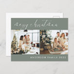 Minimalistisches Weihnachtsgrüßen | Sage Green Postkarte<br><div class="desc">Minimalistisches Script Weihnachten Weihnachtssaison's Grußkarte in Sage Green Thema mit zwei familiären Fotos können Sie personalisieren. Schick es zu Weihnachten an deine Familie und Freunde.</div>